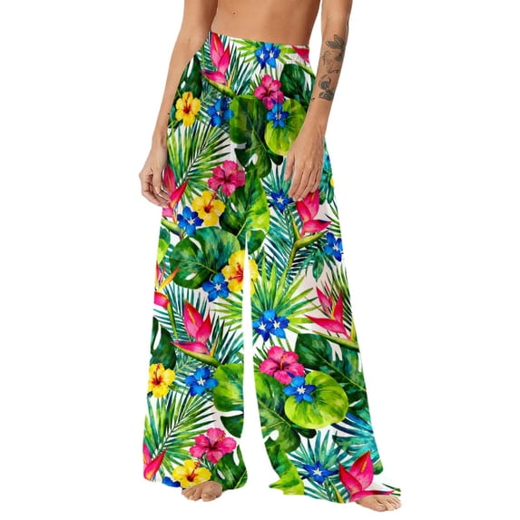 Tnhcen Women's Boho Beach Pants Sheer Print Sun Protection Maxi Beach Cover Up 100% Polyester Wide Leg Swimwear Cover Up Sarong S-2XL
