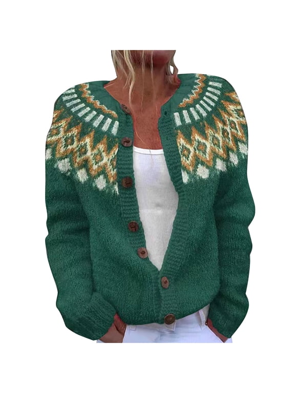 Women's Boho Cardigan Acrylic Color Block Knit Sweater Button Up Open Front Jacket Bohemian Print Loose Fit Plus Size S-5XL Fall Wear