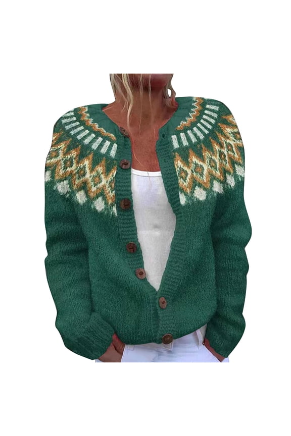 Women's Boho Cardigan Acrylic Color Block Knit Sweater Button Up Open Front Jacket Bohemian Print Loose Fit Plus Size S-5XL Fall Wear