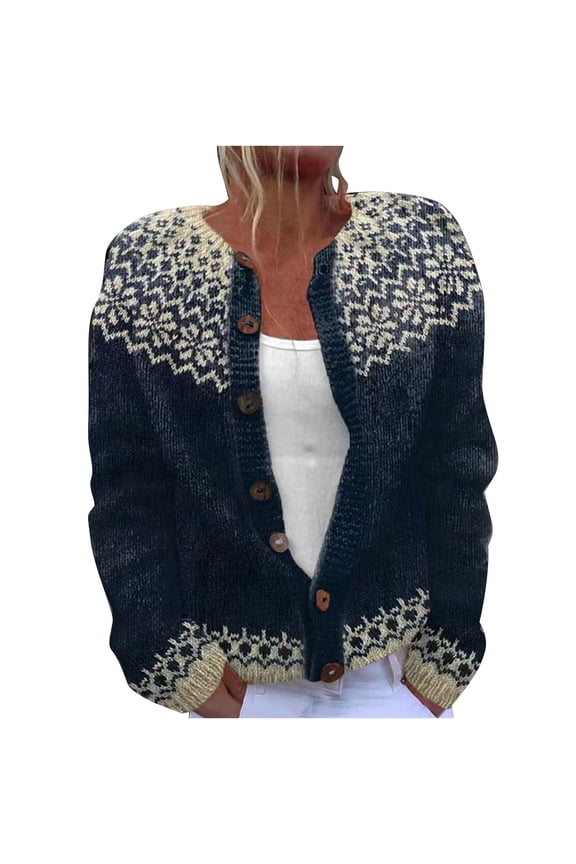 Women's Boho Cardigan Acrylic Color Block Knit Sweater Button Up Open Front Jacket Bohemian Print Loose Fit Plus Size S-5XL Fall Wear