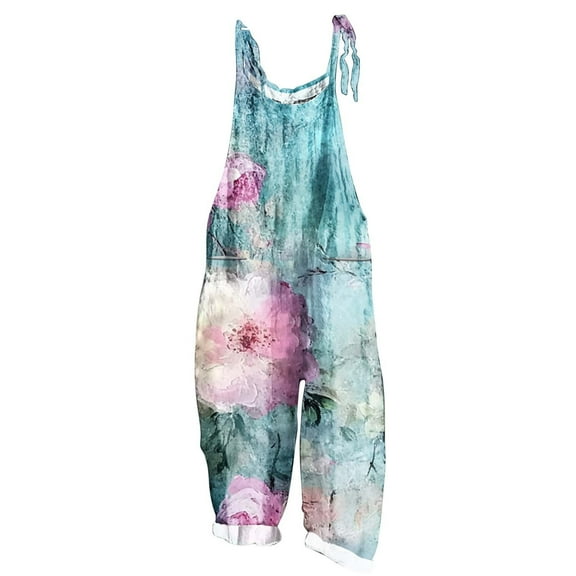 Tnhcen Women’s Boho Floral Jumpsuit - Summer Pre-Washed Bamboo Modal Retro V-Neck Tie-Sleeve Romper with Backless Design S-2XL