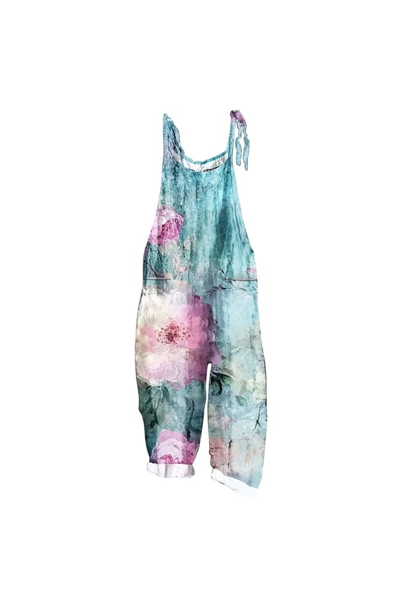 Women’s Boho Floral Jumpsuit - Summer Pre-Washed Bamboo Modal Retro V-Neck Tie-Sleeve Romper with Backless Design S-2XL