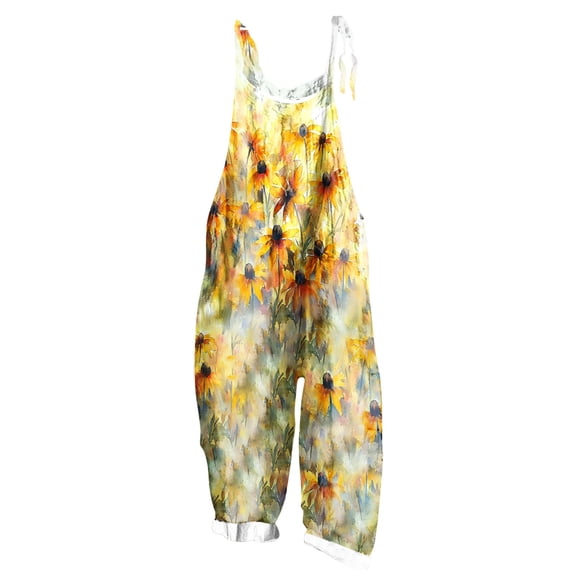 Tnhcen Women's Boho Floral Overalls Wide Leg Adjustable Straps Jumpsuit Bamboo Linen Casual Lightweight Summer Beach Romper Bohemian Style Pocketed Playsuit S-2XL