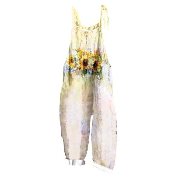 Tnhcen Women's Boho Floral Overalls Wide Leg Adjustable Straps Jumpsuit Bamboo Linen Casual Lightweight Summer Beach Romper Bohemian Style Pocketed Playsuit S-2XL