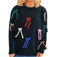 thumbnail image 1 of Tnhcen Women's Bow Decor Sweater Soft Nylon Spandex Knit Top Casual Long Sleeve Round Neck Shirt Elegant Bowknot Applique Pullover Matte Textured Sweater S-L, 1 of 5