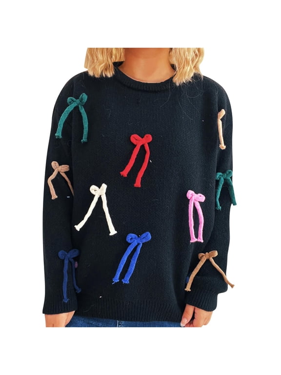 Women's Bow Decor Sweater Soft Nylon Spandex Knit Top Casual Long Sleeve Round Neck Shirt Elegant Bowknot Applique Pullover Matte Textured Sweater S-L