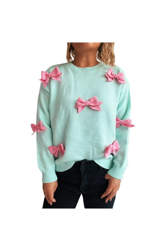 Women's Bow Detail Sweater Loose Fit Knit Top Soft Nylon Spandex Pullover Round Neck Casual Sweater Pink Accent Feminine Top S-L