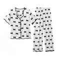 thumbnail image 1 of Tnhcen Women's Bow Print Button-Up V-Neck Ruffled Sleepwear Set | Short Sleeve Pants Loose Fit | M-XL | Pajamas Set Loungewear, 1 of 8