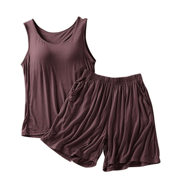 Tnhcen Women's Built-in Bra Modal Pajama Set Camisole Shorts Sleepwear Comfortable Loungewear Soft Home Wear M-4XL Coffee