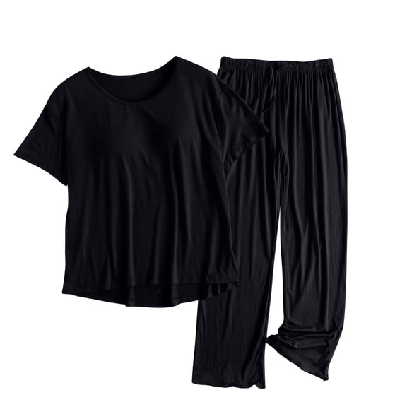 Tnhcen Women's Built-in Bra Modal Pajama Set Ruffle Pants Sleepwear Comfortable Loungewear 2-Piece Set XL-3XL Black
