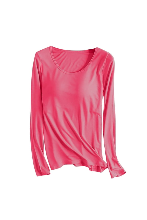 Women's Built-in Bra Modal Sleepwear Set – Solid Crewneck Long Sleeve Top | Soft Cotton-Polyester Blend Comfortable Pajama Loungewear M-4XL