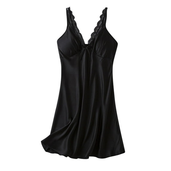 Tnhcen Women's Built-in Bra Sleepwear Solid Color Loose Pajama Dress 100% Polyester Ice Silk Loungewear M-XL Comfortable Nightgown Robe Black