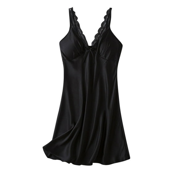 Tnhcen Women's Built-in Bra Sleepwear Solid Color Loose Pajama Dress 100% Polyester Ice Silk Loungewear M-XL Comfortable Nightgown Robe Black