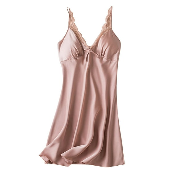 Tnhcen Women's Built-in Bra Sleepwear Solid Color Loose Pajama Dress 100% Polyester Ice Silk Loungewear M-XL Comfortable Nightgown Robe Pink