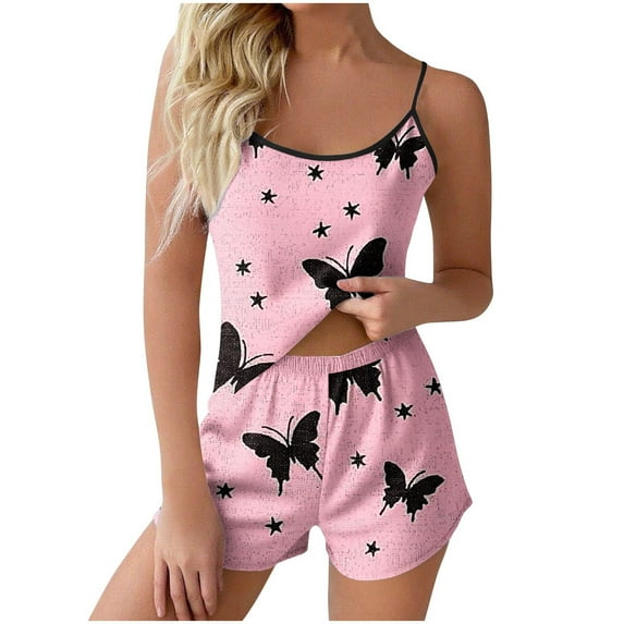 Tnhcen Women's Butterfly Print Sleeveless Tank Sleepwear Set - Elastic Waist Shorts Casual Loungewear Outfit Playful Homewear for S-2XL Ladies Pink