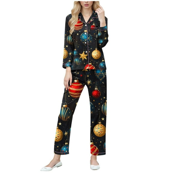 Tnhcen Women's Button Front Collared Neck Christmas Print Long Sleeve Pajama Set Soft Stretchy Sleepwear Loungewear Cozy Home Outfit S-2XL Plus Sizes Pjs for Women
