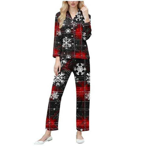 Tnhcen Women's Button Front Collared Neck Christmas Print Long Sleeve Pajama Set Soft Stretchy Sleepwear Loungewear Cozy Home Outfit S-2XL Plus Sizes Pjs for Women