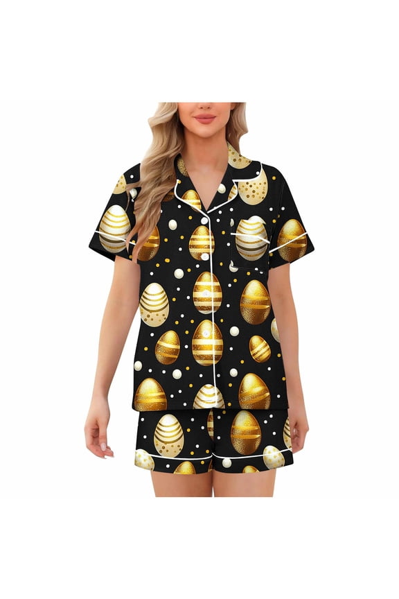 Women's Button Front Flip Collar Short Sleeve Shorty Pajama Set Easter Print Nylon Spandex Milk Silk Sleepwear