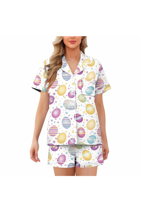 Women's Button Front Flip Collar Short Sleeve Shorty Pajama Set Easter Print Nylon Spandex Milk Silk Sleepwear