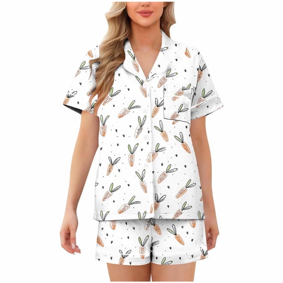 Tnhcen Women's Button Front Flip Collar Short Sleeve Shorty Pajama Set Easter Print Nylon Spandex Milk Silk Sleepwear