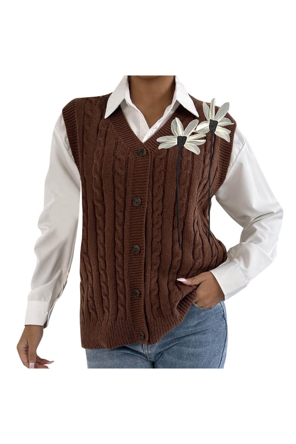 Women's Cable Knit Vest Floral Appliqué Sweater Vest Acrylic Cardigan Free Size Casual Duster Vest Boho Chic Outerwear