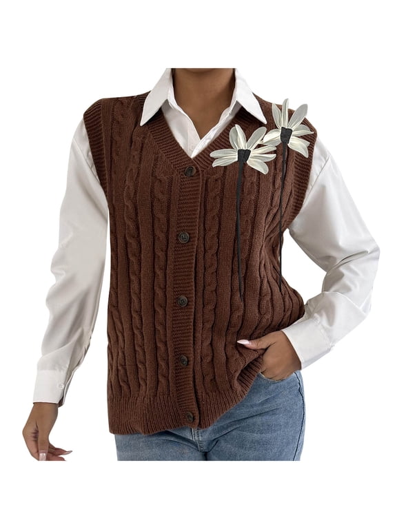 Women's Cable Knit Vest Floral Appliqué Sweater Vest Acrylic Cardigan Free Size Casual Duster Vest Boho Chic Outerwear