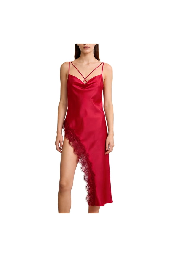 Women's Cami Nightgown 100% Polyester Satin Slip Dress with Lace Trim High Slit Comfy Sleepwear Lingerie for Women S - XL Plus Size