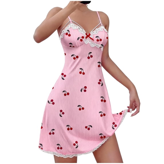 Tnhcen Women's Cami Nightgown Cherry Print, 100% Polyester Lingerie Sleepwear, Lace Trim Strappy Pajama Dress S - 2XL Plus Size