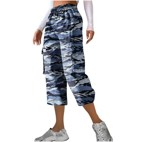 Tnhcen Women's Camo Print Cargo Pants 7/8 Drawstring Elastic Waist - Workwear with Multi-Pockets for Outdoor Sports & Casual Style