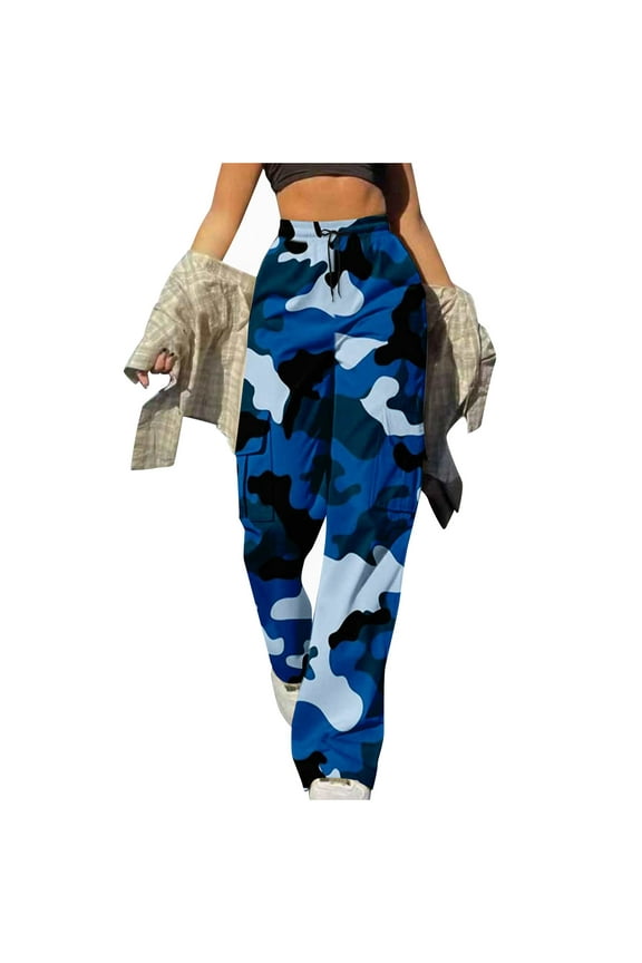 Tnhcen Women’s Camo Print Elastic Waist Drawstring Cargo Pants - Multi-Pocket Design Casual Sporty Straight Leg Pre-Shrunk Pants S-3XL
