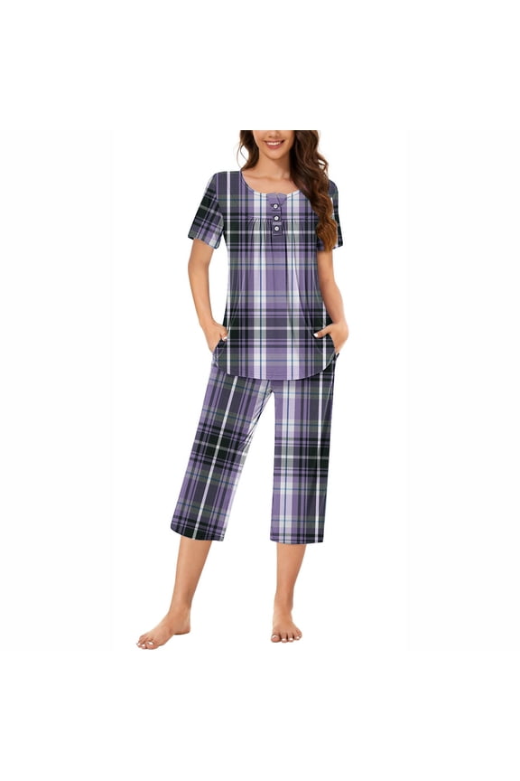 Women's Capri Pajama Sets Print Sleepwear Short Sleeve Nightwear with Capri Pants Soft Pjs Set Homewear S-3XL