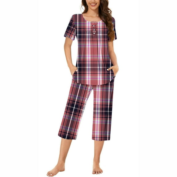 Tnhcen Women's Capri Pajama Sets Print Sleepwear Short Sleeve Nightwear with Capri Pants Soft Pjs Set Homewear S-3XL