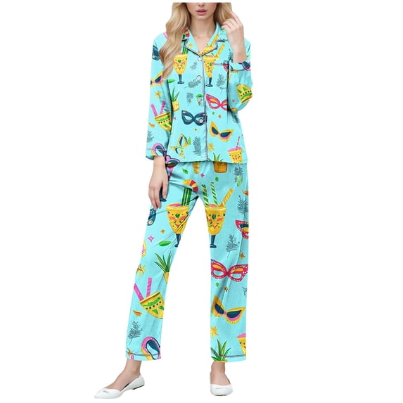 Tnhcen Women's Carnival Print Button Front Turn - Down Collar Long Sleeve Full Length Pajama Set 95% Polyester 5% Spandex Soft Stretchy Sleepwear Loungewear for Women S - 2XL