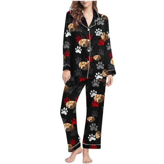 Tnhcen Women's Cartoon Dog Paw Pattern Long Sleeve Pajamas Set 2 Pieces Button-Down Nightwear Home Clothes Set S-2XL