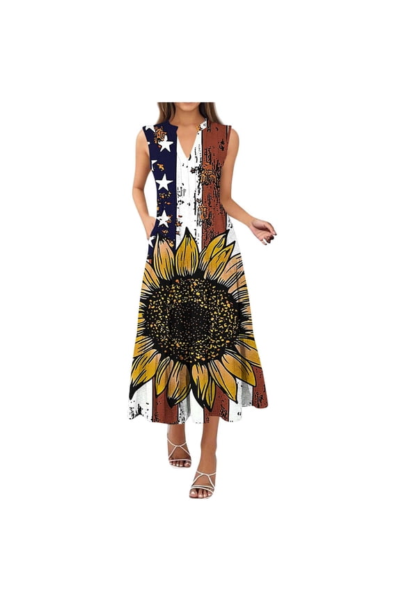 Women's Casual 4th of July Dress V - neck Sleeveless Sunflower Print Maxi Dress Plus Size S - 2XL Stretchy Summer Party Casual Dress