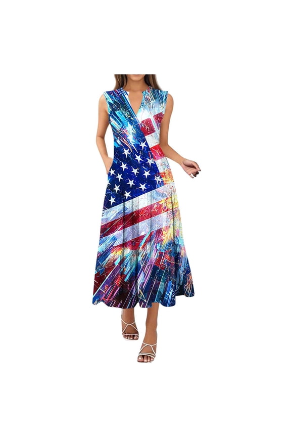 Women's Casual 4th of July Dress V - neck Sleeveless Sunflower Print Maxi Dress Plus Size S - 2XL Stretchy Summer Party Casual Dress