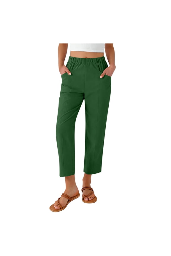 Women's Casual 9-Inch Palazzo Pants with Elastic Waist & Pockets, Mock Linen Wide Leg Cropped Trousers, Pre-Shrunk Polyester Loose Fit Ankle Pants for Women S-2XL