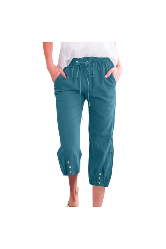 Women's Casual Drawstring Pants 60%Cotton 40%Linen PreShrunk Elastic Waist 7/8 Length Pockets Relaxed Fit Basic Style S-3XL