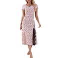 thumbnail image 1 of Tnhcen Women's Casual Heart Print Bowknot Crewneck Short Sleeve Ruffled Lace Side Slit Sleepwear Dress | S-XL | Nylon Spandex Loungewear, 1 of 3