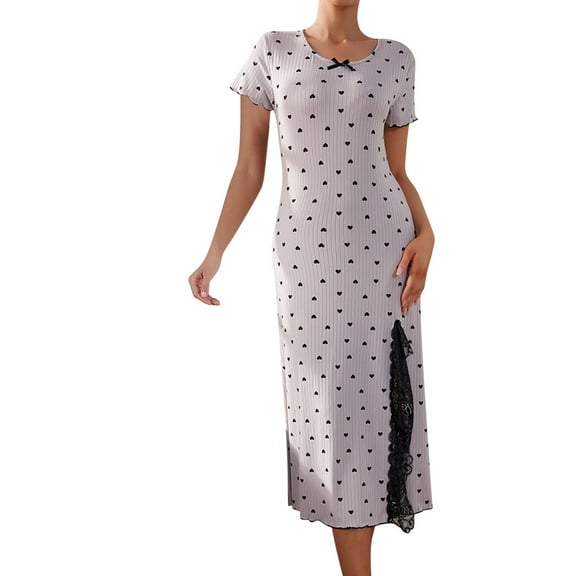 Tnhcen Women's Casual Heart Print Bowknot Crewneck Short Sleeve Ruffled Lace Side Slit Sleepwear Dress | S-XL | Nylon Spandex Loungewear