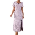 thumbnail image 1 of Tnhcen Women's Casual Heart Print Bowknot Crewneck Short Sleeve Ruffled Lace Side Slit Sleepwear Dress | S-XL | Nylon Spandex Loungewear, 1 of 3