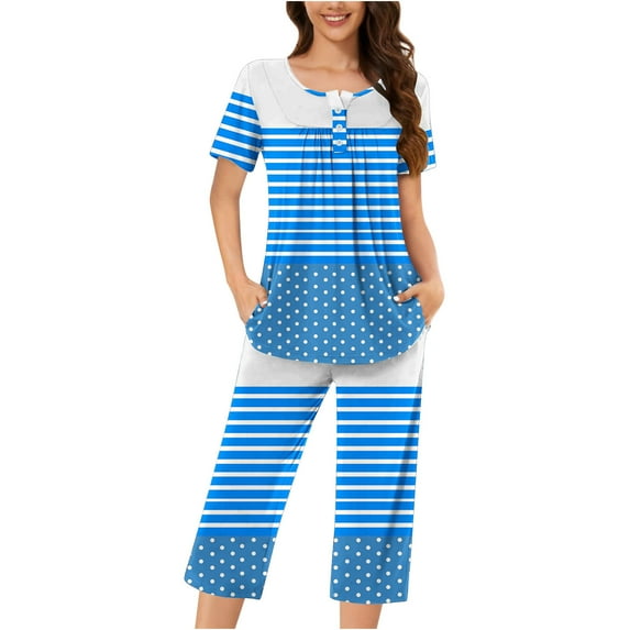 Tnhcen Women's Casual Henley Sleepwear Set - Print Button-Up Short Sleeve Capri Pants Loungewear (S-3XL)