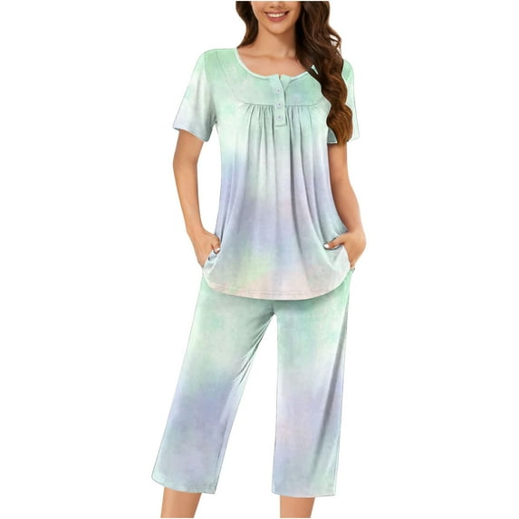 Tnhcen Women's Casual Henley Sleepwear Set Printed Button-Up Top Capri Pants with Side Pockets Stretchy Pajamas Set Loungewear (S-3XL)