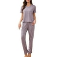 thumbnail image 1 of Tnhcen Women's Casual Home Wear Solid V-Neck Short Sleeve Top + Drawstring Pant Sleepwear Set | S-XL | Nylon Spandex Loungewear, 1 of 4