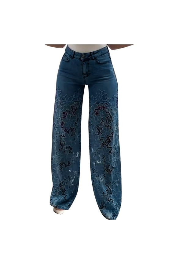Women's Casual Jeans with Lace Trim - Water Wash Denim Wide Leg Pants High Waisted Stretchy Fit High Quality Jean Material XS-XL
