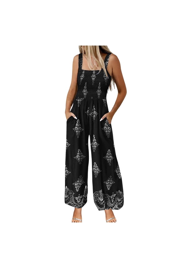 Women's Casual Jumpsuit Elastic Waist Floral Print Romper Stretchy Wide Leg Summer Outfit 4-Way Stretch Easy Wear S-2XL Plus Size