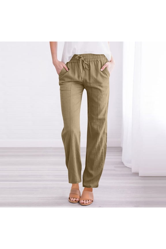 Women’s Casual Linen Blend Pants - Elastic Waist Drawstring Straight Leg Design Breathable Slim Fit Versatile Style for Spring/Fall Pre-washed & Comfortable S-3XL