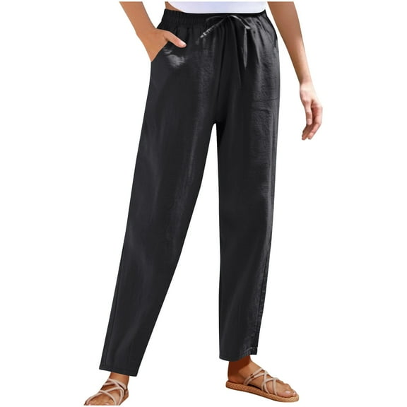 Tnhcen Women's Casual Linen Cotton Pants with Drawstring Waist - Relaxed Fit Straight Leg Basic Pants S-2XL Pre-Washed Breathable Trousers for Daily Wear