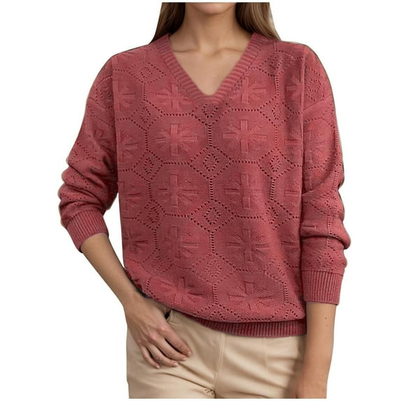 Tnhcen Women's Casual Long-Sleeve Pullover Sweater Solid Color Loose Fit Basic Style Simple V-Neck Polyester Soft Comfortable S-XL