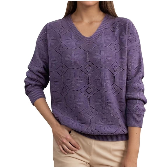 Tnhcen Women's Casual Long-Sleeve Pullover Sweater Solid Color Loose Fit Basic Style Simple V-Neck Polyester Soft Comfortable S-XL